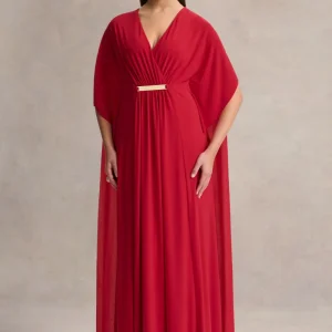 Romilly | Vestido Largo Rojo con Escote Profundo y Detalle Fruncido