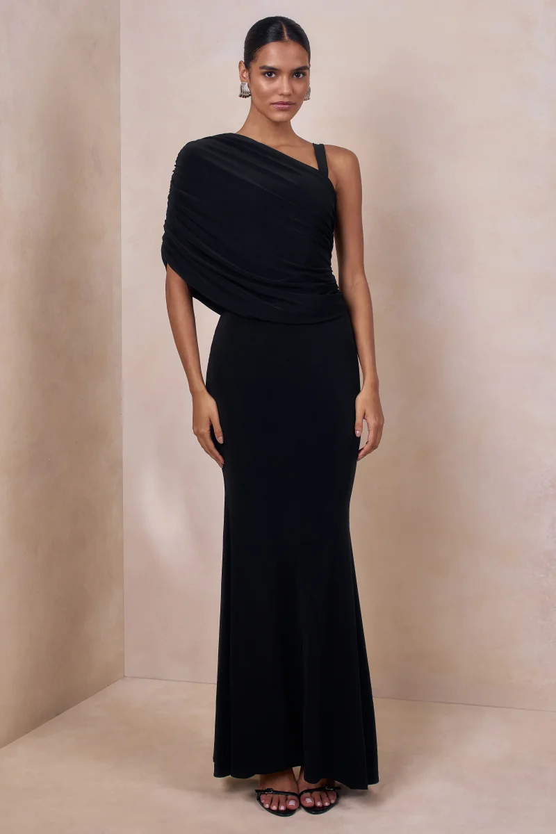 Sylvie | Vestido Largo Negro Con Escote Asimétrico - Imagen 2