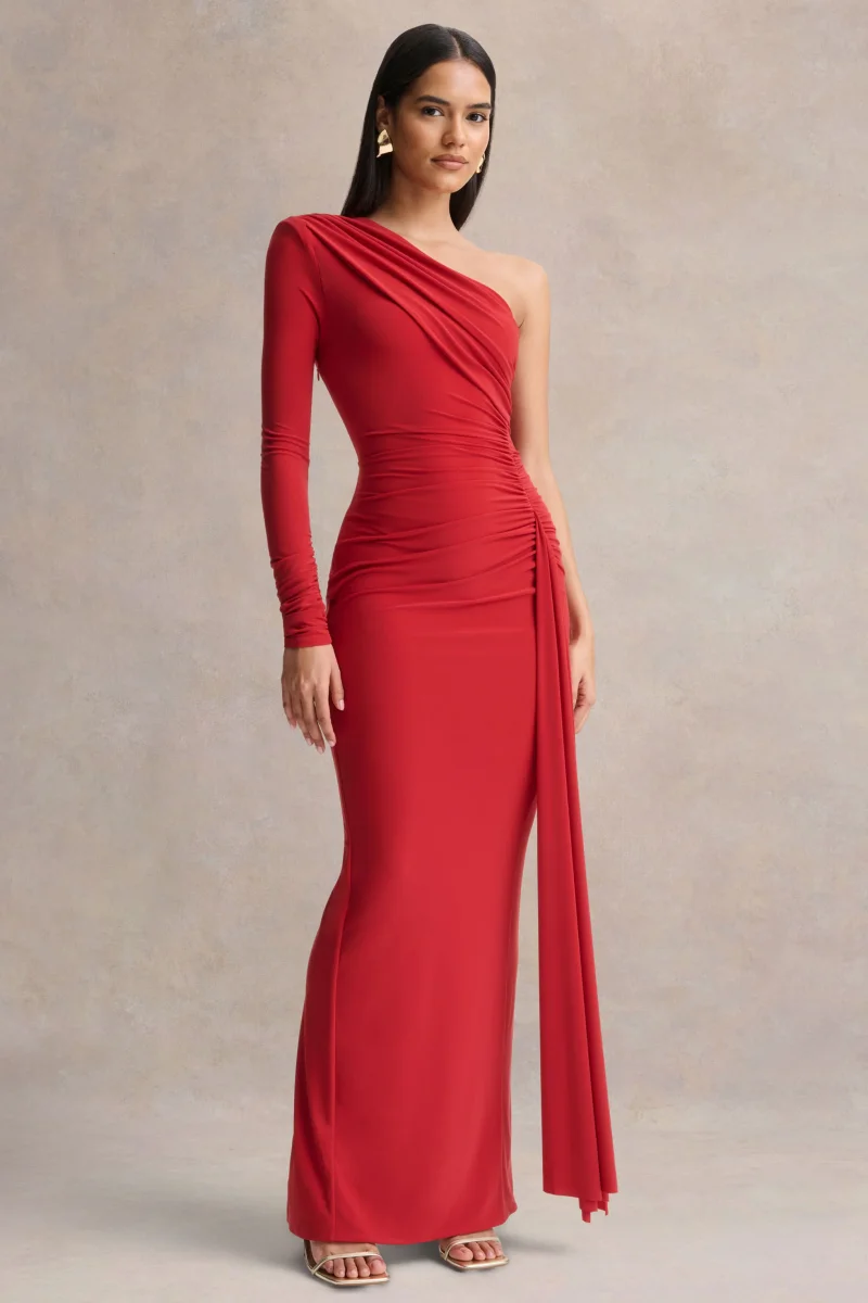 Anne | Vestido Largo Rojo de Cuello Asimétrico Cruzado con Fajín - Imagen 5