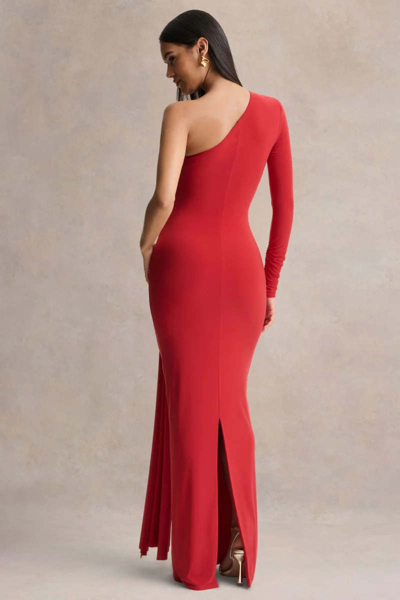 Anne | Vestido Largo Rojo de Cuello Asimétrico Cruzado con Fajín - Imagen 3