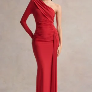 Anne | Vestido Largo Rojo de Cuello Asimétrico Cruzado con Fajín