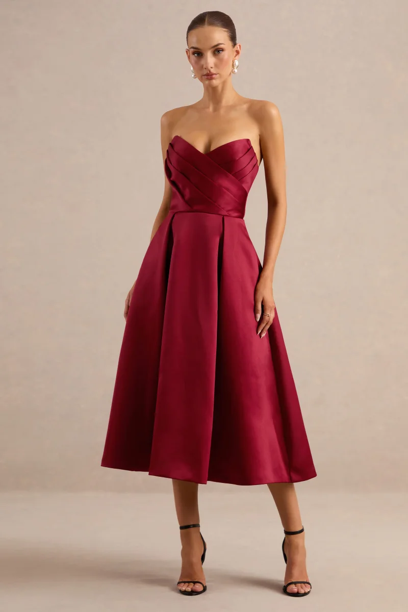 Promises | Vestido midi de satén burdeos con escote bandeau - Imagen 6