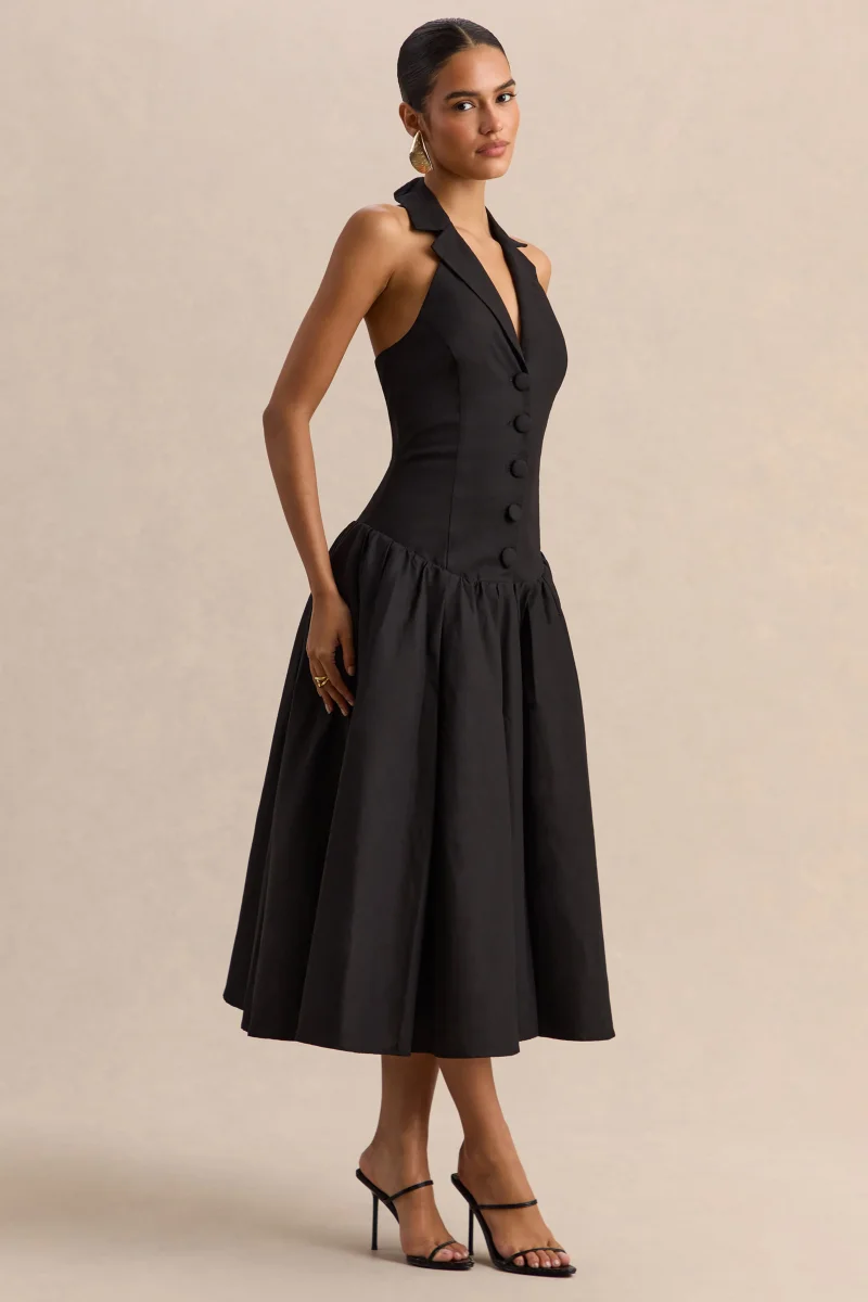 Ella | Negro Escote Pronunciado Vestido Midi con Cintura Caída - Imagen 6