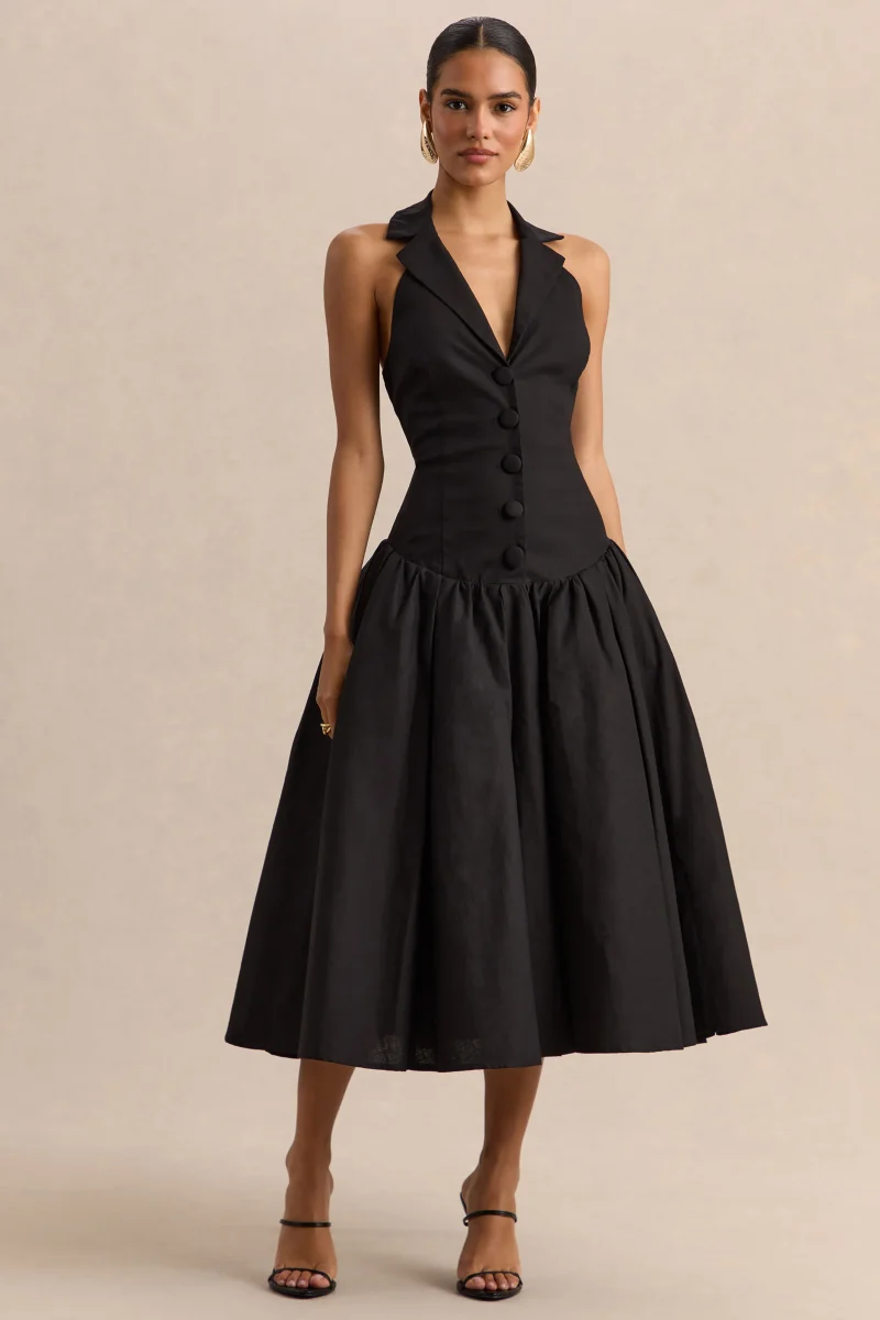 Ella | Negro Escote Pronunciado Vestido Midi con Cintura Caída - Imagen 5