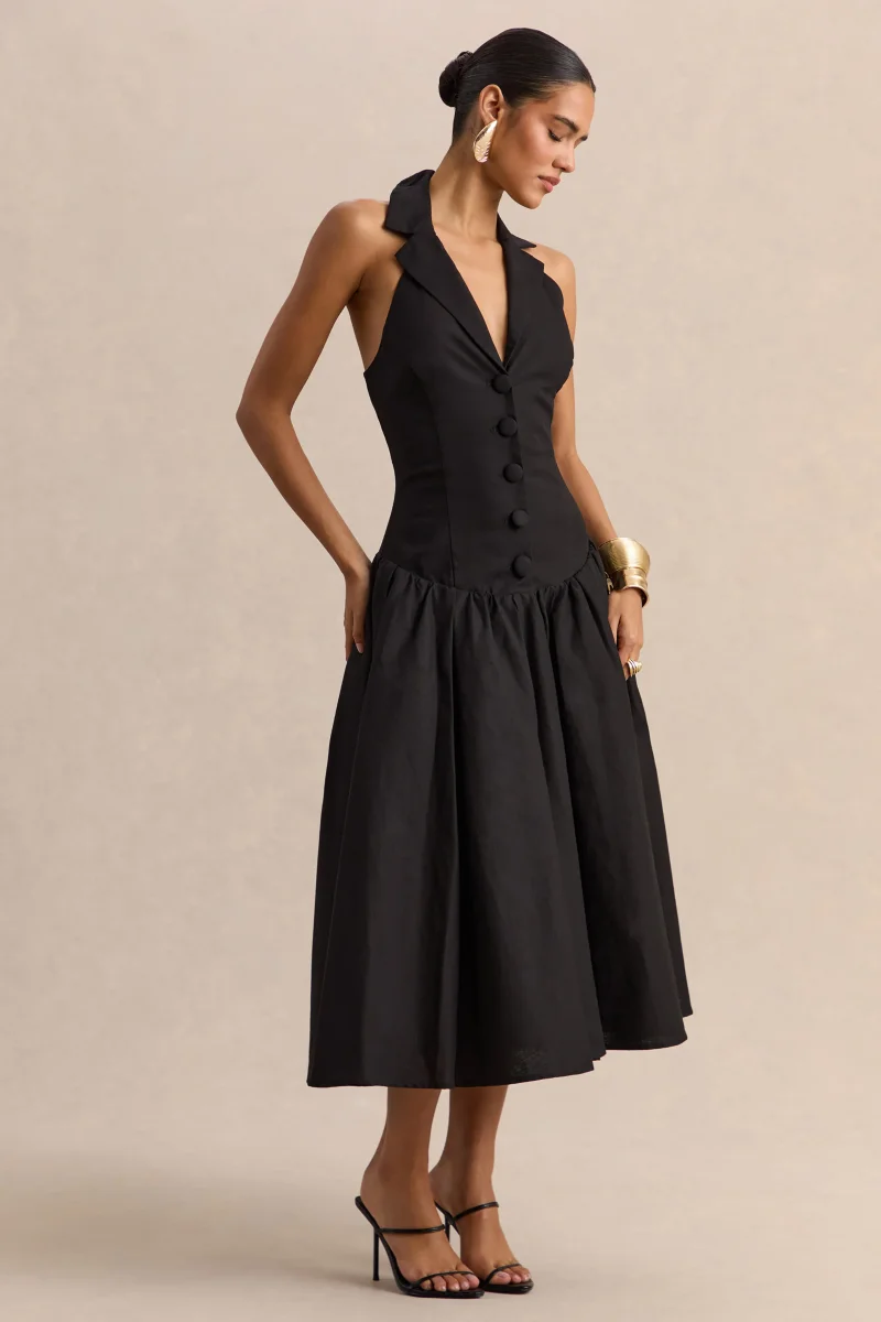 Ella | Negro Escote Pronunciado Vestido Midi con Cintura Caída - Imagen 7