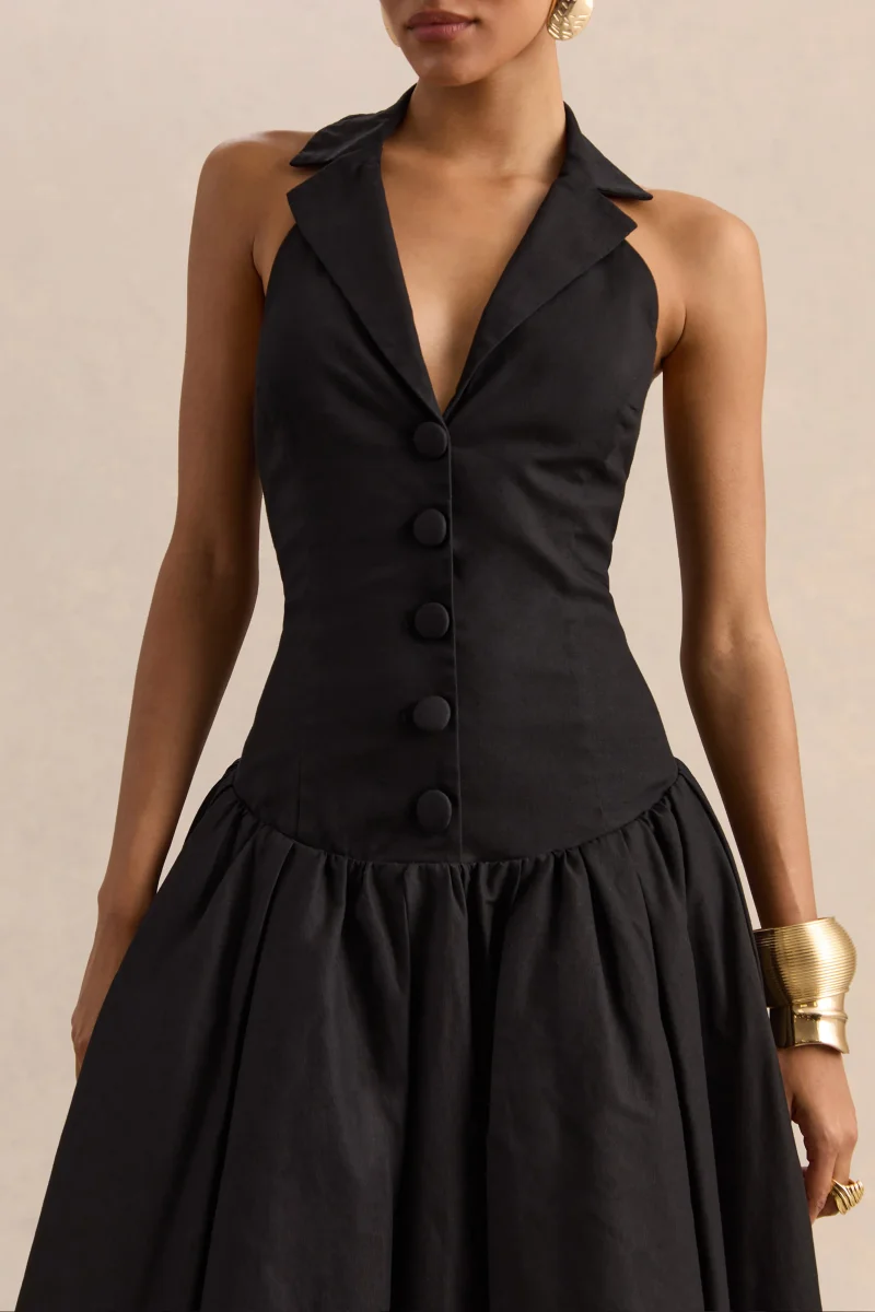 Ella | Negro Escote Pronunciado Vestido Midi con Cintura Caída - Imagen 4