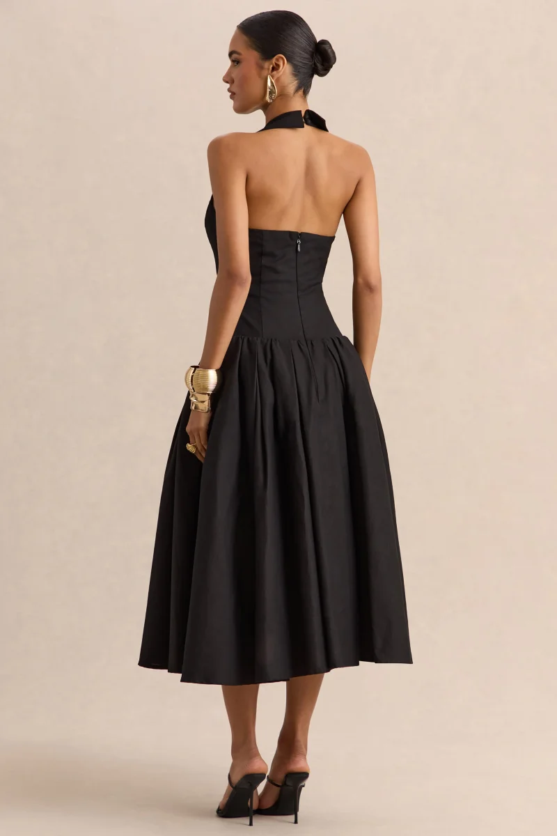 Ella | Negro Escote Pronunciado Vestido Midi con Cintura Caída - Imagen 3