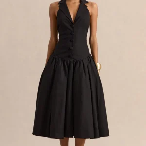 Ella | Negro Escote Pronunciado Vestido Midi con Cintura Caída