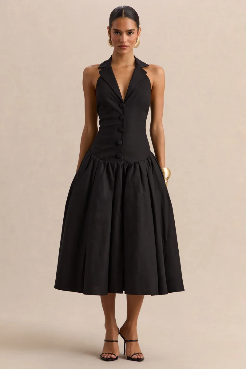 Ella | Negro Escote Pronunciado Vestido Midi con Cintura Caída