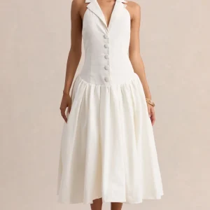 Ella | Blanco Escote Pronunciado Vestido Midi con Cintura Baja