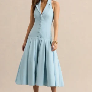 Elise | Vestido Midi Azul Polvo Con Escote Pronunciado Y Cintura Baja