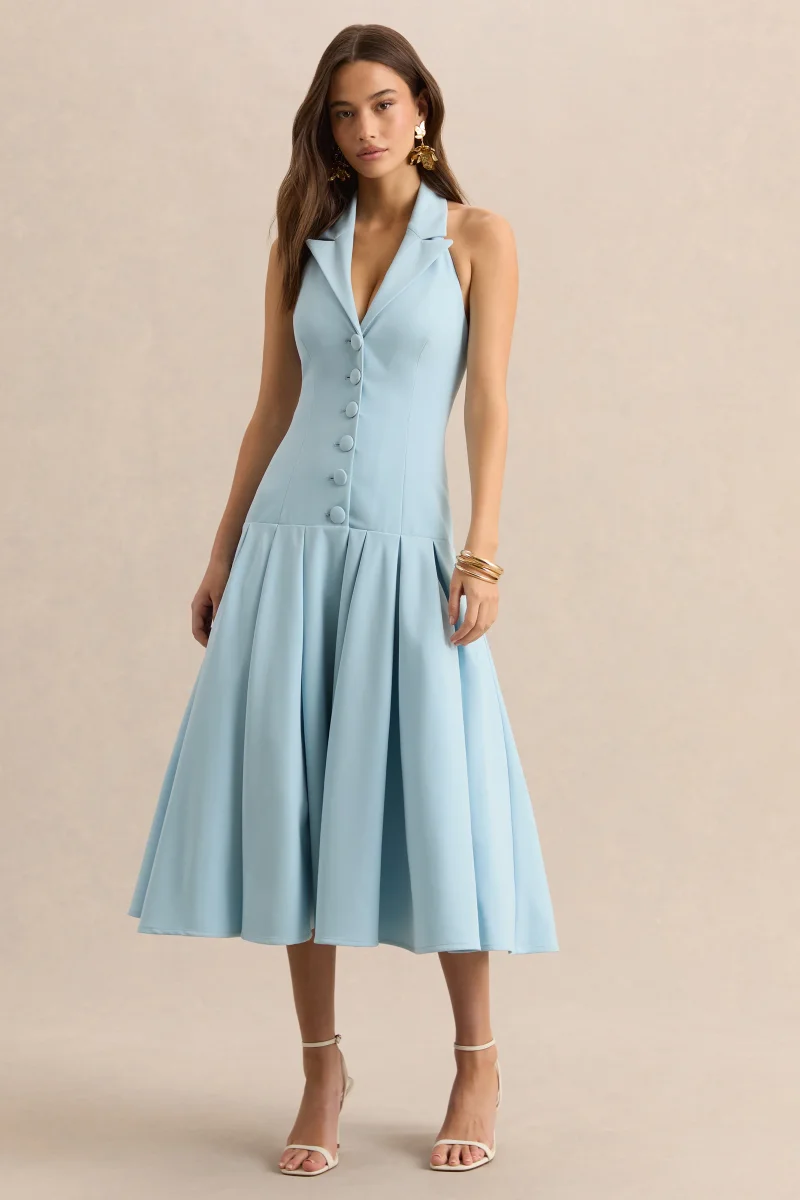 Elise | Vestido Midi Azul Polvo Con Escote Pronunciado Y Cintura Baja - Imagen 2