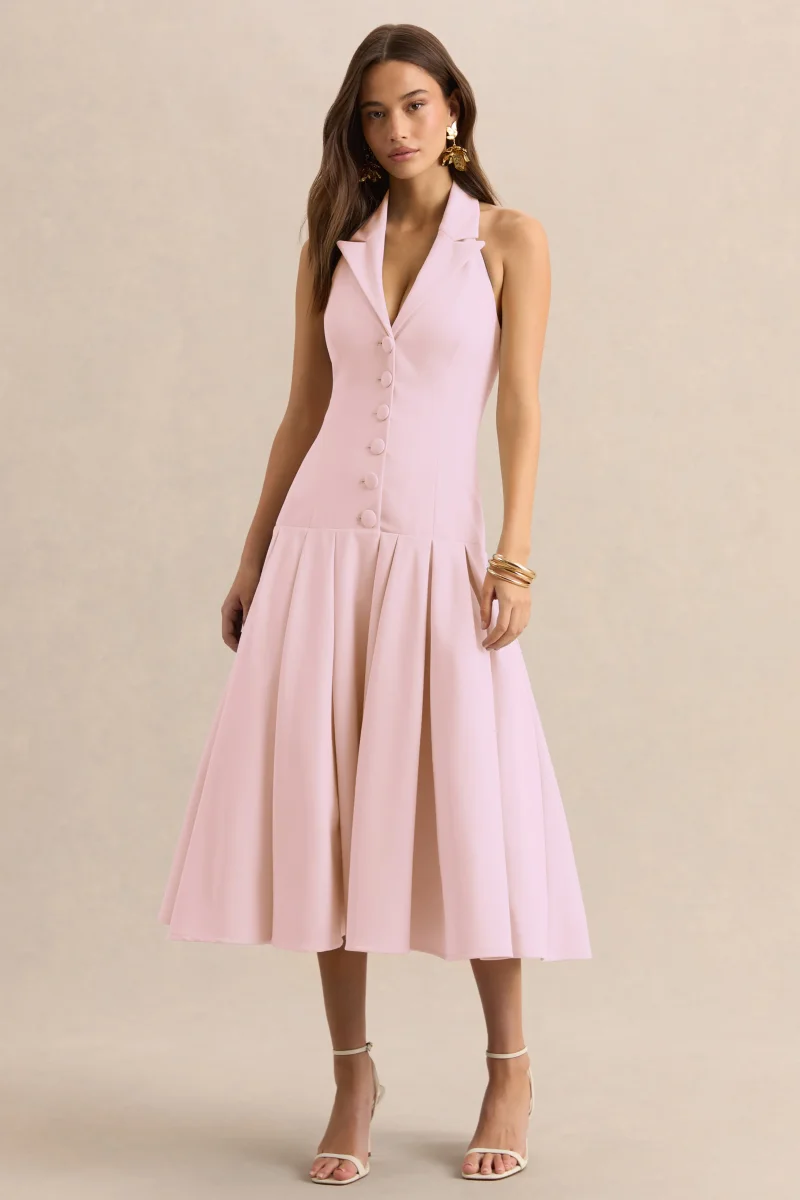 Elise | Vestido Midi Rosa Claro Con Escote Profundo Y Cintura Baja - Imagen 5