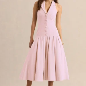 Elise | Vestido Midi Rosa Claro Con Escote Profundo Y Cintura Baja