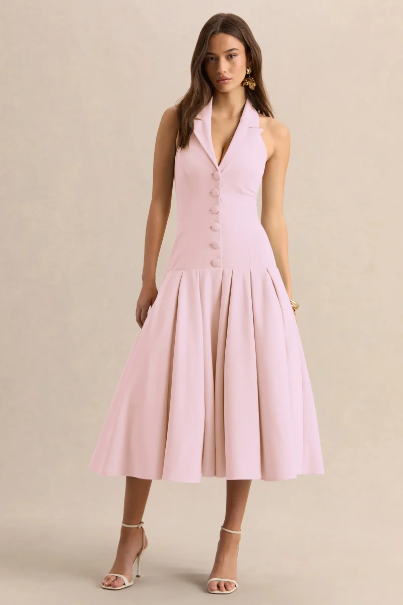 Elise | Vestido Midi Rosa Claro Con Escote Profundo Y Cintura Baja - Imagen 2