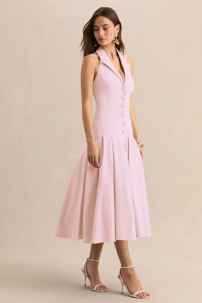 Elise | Vestido Midi Rosa Claro Con Escote Profundo Y Cintura Baja - Imagen 7