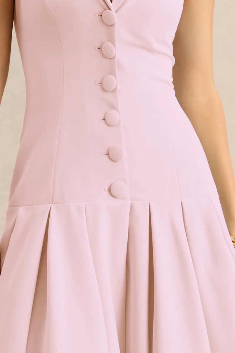 Elise | Vestido Midi Rosa Claro Con Escote Profundo Y Cintura Baja - Imagen 8