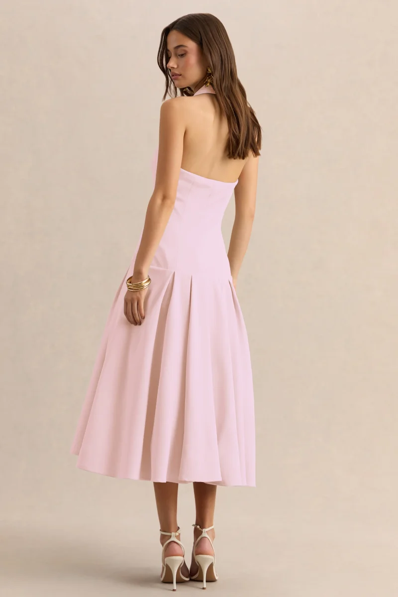 Elise | Vestido Midi Rosa Claro Con Escote Profundo Y Cintura Baja - Imagen 3