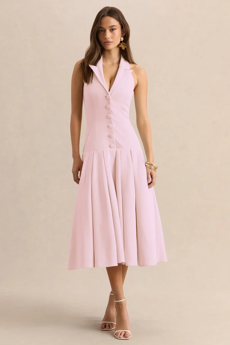 Elise | Vestido Midi Rosa Claro Con Escote Profundo Y Cintura Baja - Imagen 6