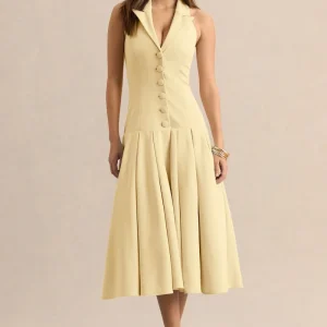 Elise | Vestido Midi Color Limón Con Escote Pronunciado Y Cintura Baja