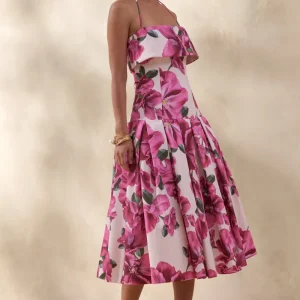 Sylina | Vestido Midi Floral Rosa Hibisco Con Escote Cuadrado Y Cintura Baja