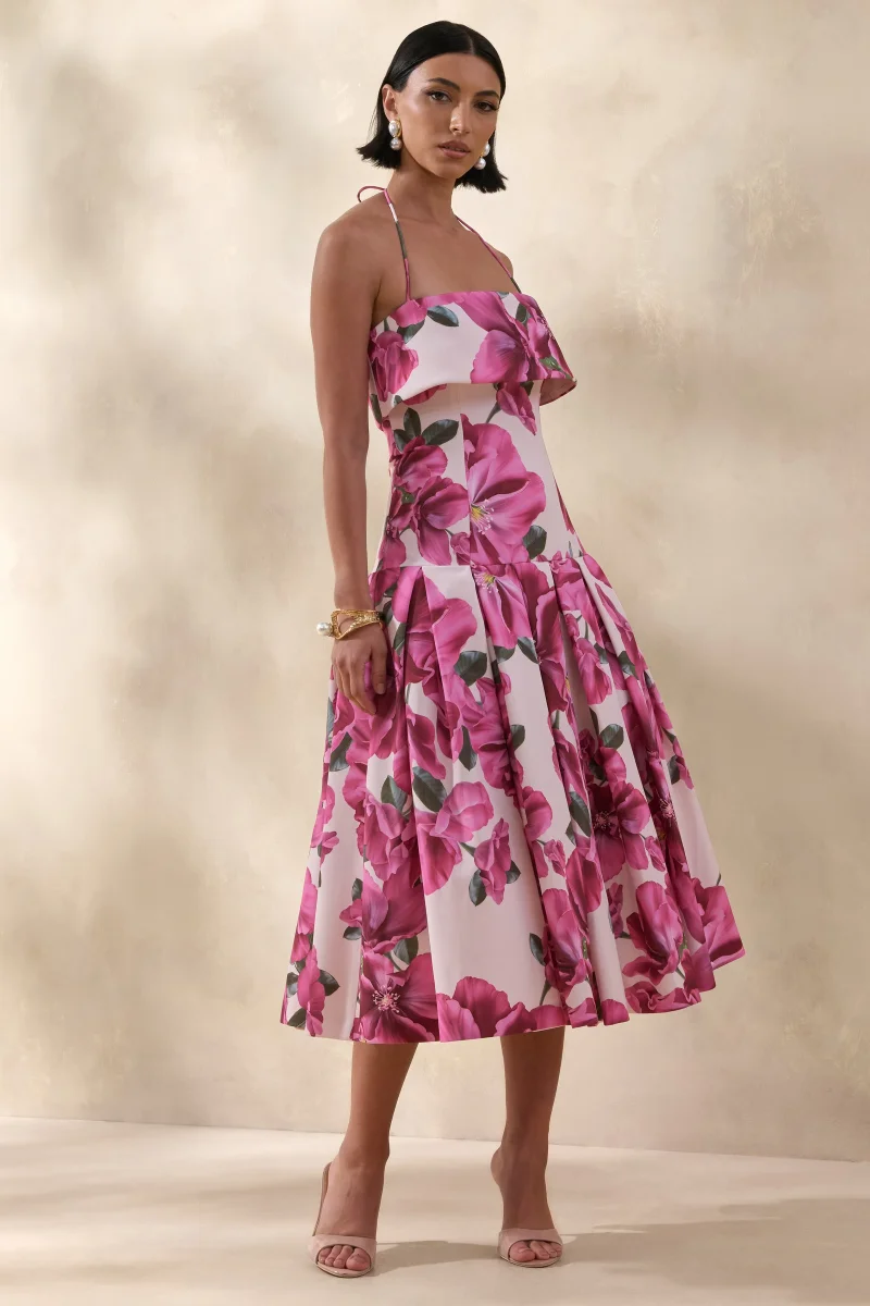 Sylina | Vestido Midi Floral Rosa Hibisco Con Escote Cuadrado Y Cintura Baja