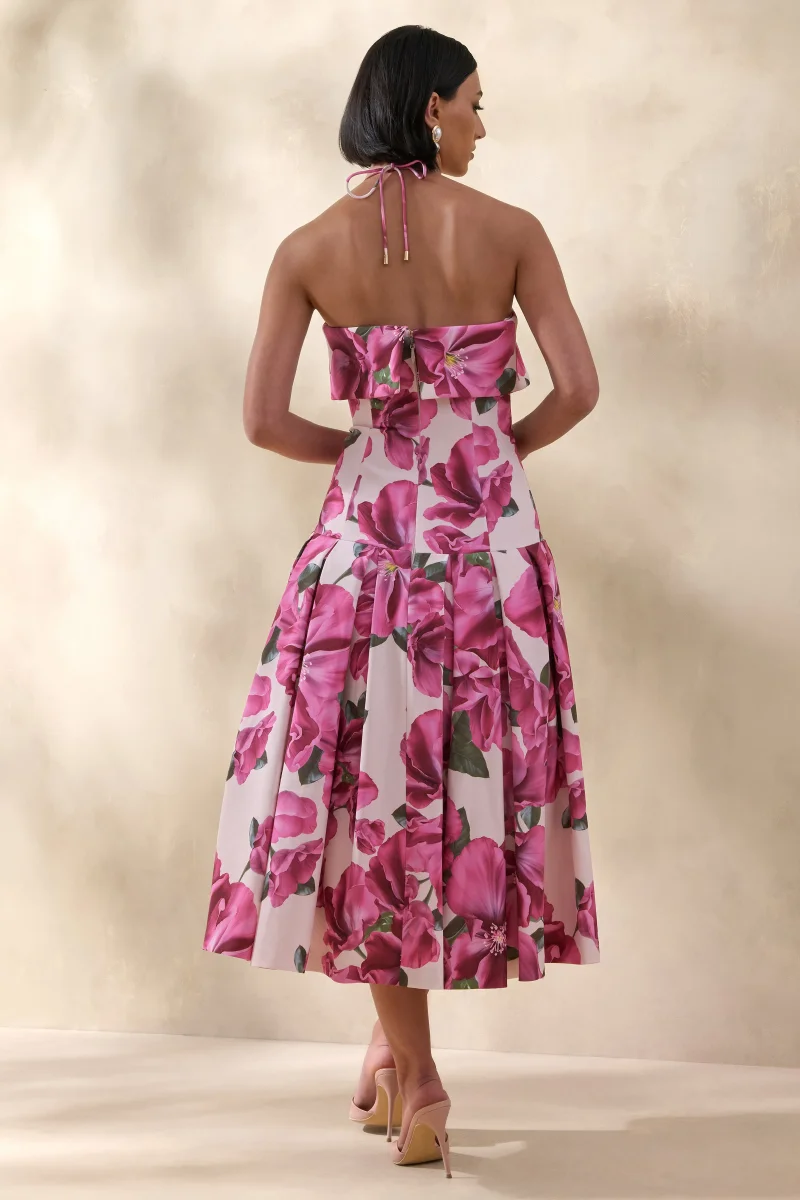 Sylina | Vestido Midi Floral Rosa Hibisco Con Escote Cuadrado Y Cintura Baja - Imagen 3
