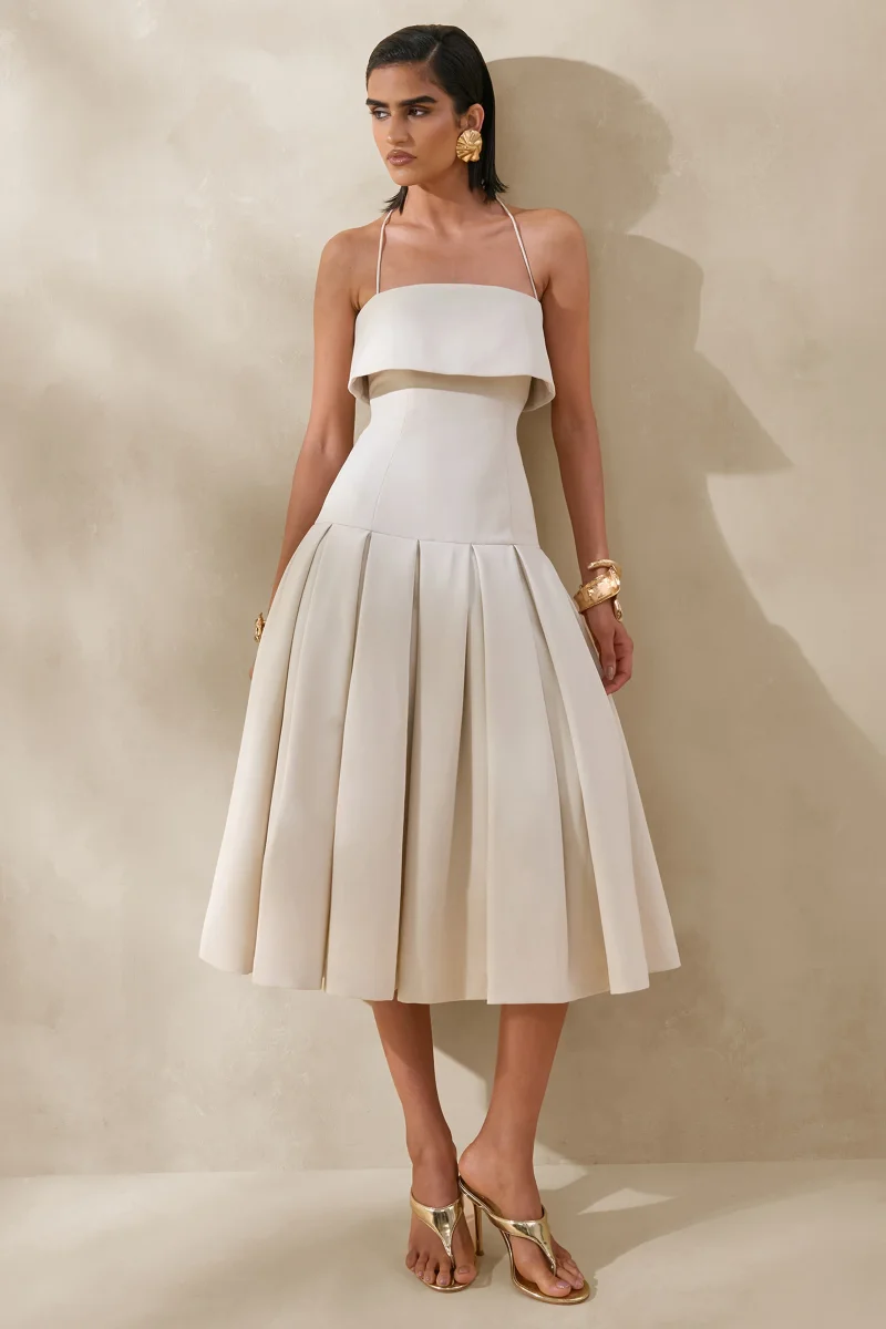 Dazira | Crema Escote Cuadrado Vestido Midi con Cintura Caída