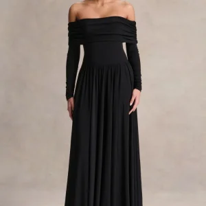 Saskia | Vestido largo negro de cuello Bardot