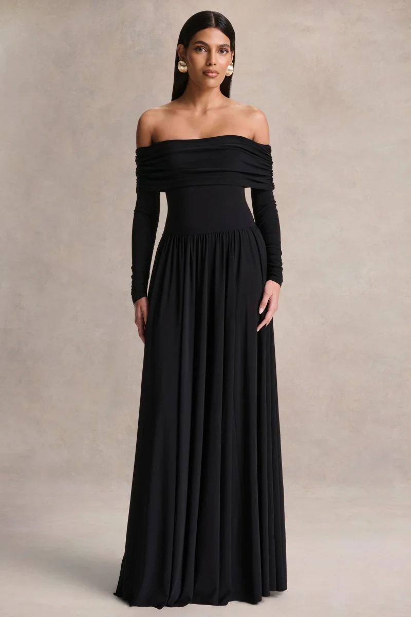 Saskia | Vestido largo negro de cuello Bardot - Imagen 2