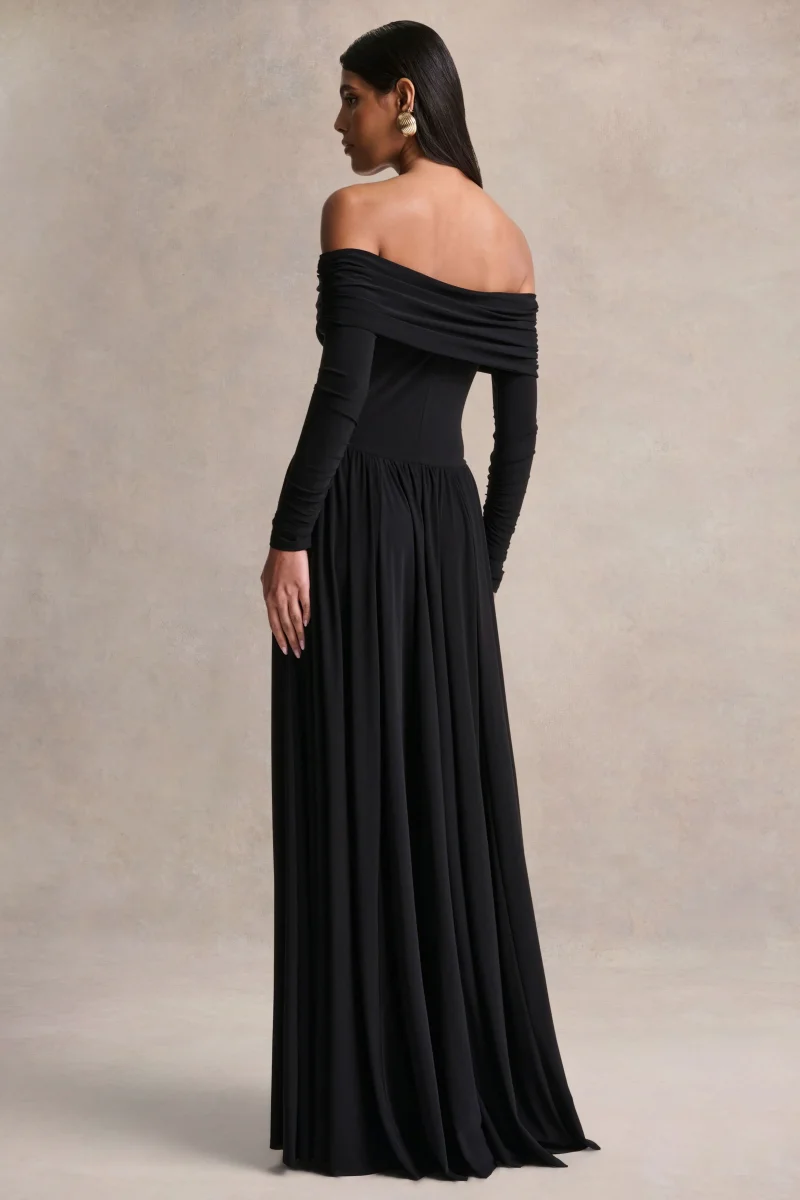 Saskia | Vestido largo negro de cuello Bardot - Imagen 3