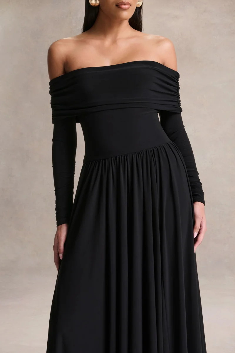 Saskia | Vestido largo negro de cuello Bardot - Imagen 4