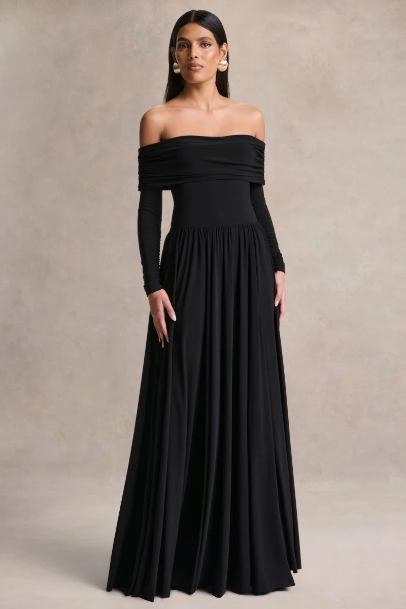 Saskia | Vestido largo negro de cuello Bardot - Imagen 5