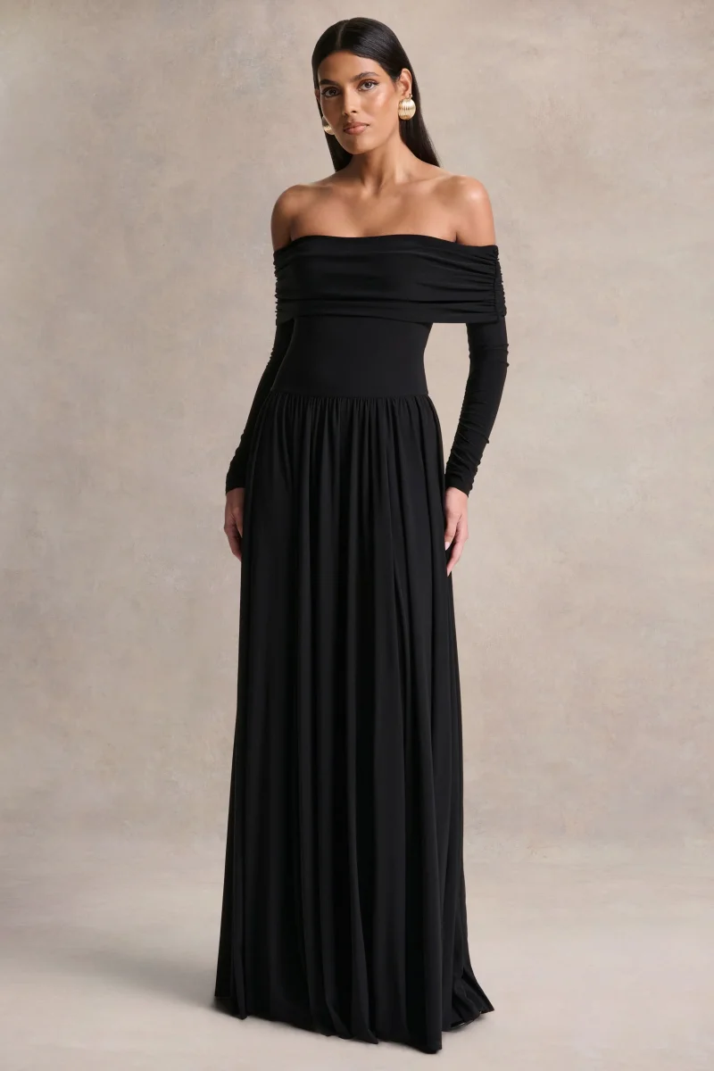 Saskia | Vestido largo negro de cuello Bardot - Imagen 7