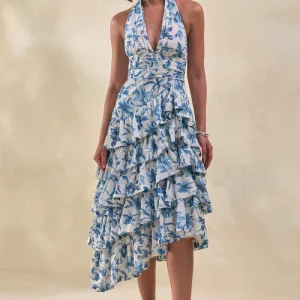 Velora | Vestido Midi Azul Porcelana Con Escote Halter Y Falda De Volantes Escalonados