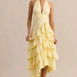 Velora | Vestido Midi Limón Con Escote Asimétrico Y Falda De Volantes En Capas
