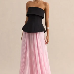 Stellara | Vestido Largo Negro Y Rosa De Scuba Crepé Con Escote Bandeau Y Falda Plisada