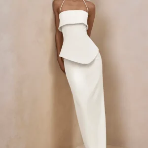 Fran | Vestido largo blanco con escote cuadrado y cuerpo tipo corsé
