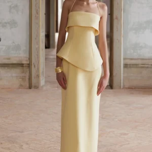 Fran | Vestido Largo Limón Con Escote Cuadrado Y Corsé