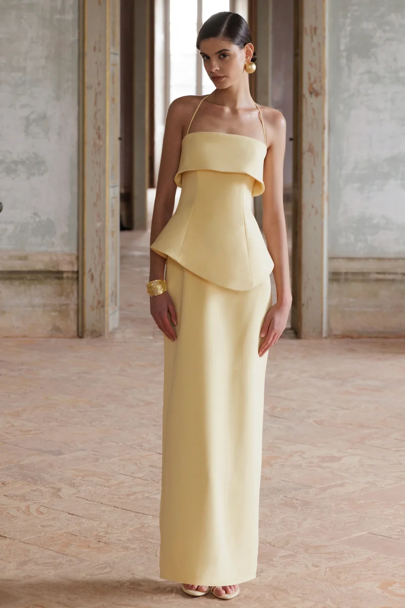 Fran | Vestido Largo Limón Con Escote Cuadrado Y Corsé