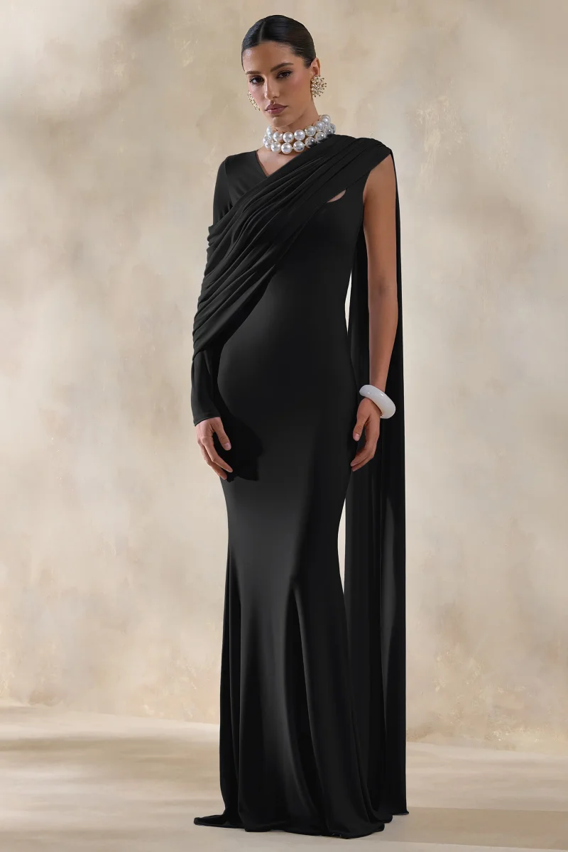 Rubelle | Vestido Largo Negro con Escote Asimétrico y Detalle Drapeado