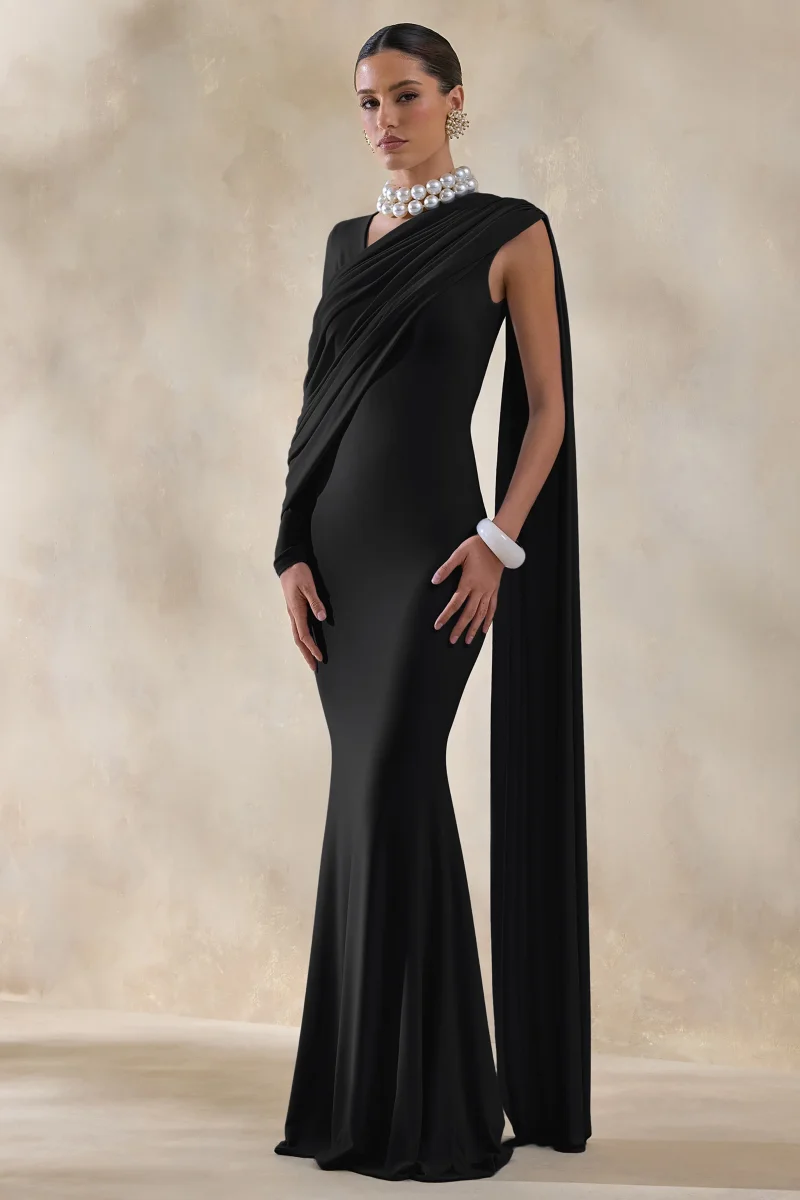 Rubelle | Vestido Largo Negro con Escote Asimétrico y Detalle Drapeado - Imagen 5