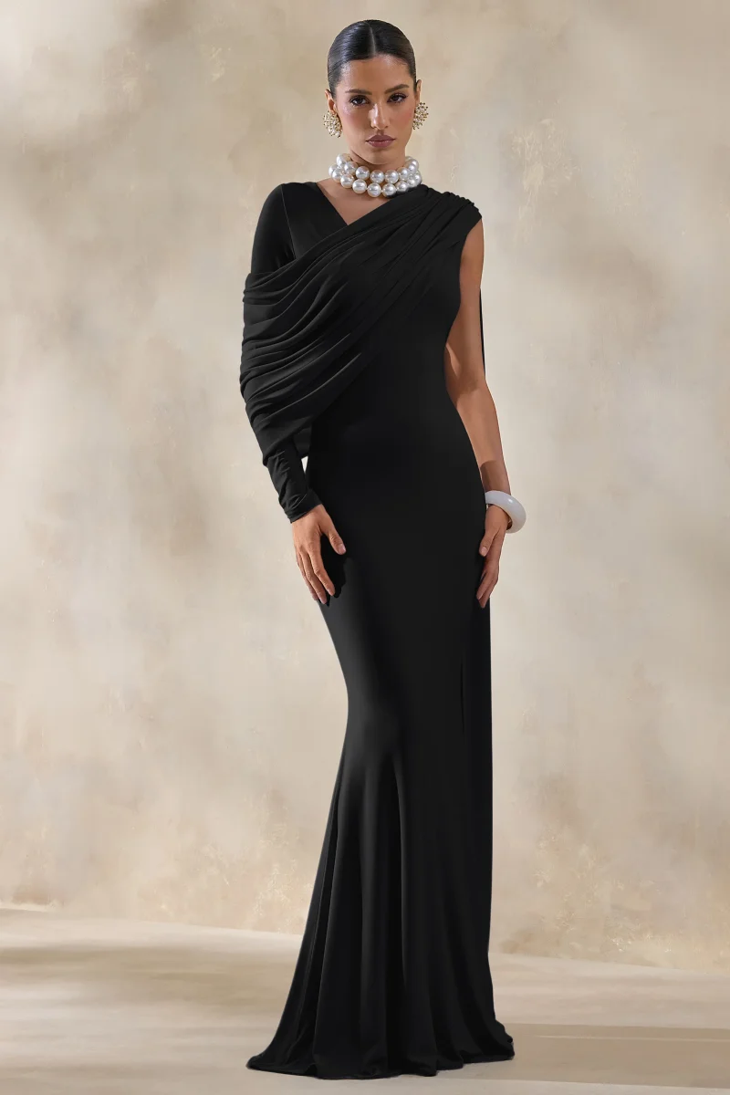 Rubelle | Vestido Largo Negro con Escote Asimétrico y Detalle Drapeado - Imagen 6