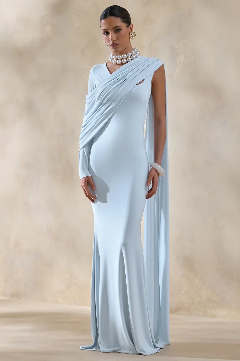 Rubelle | Vestido Largo Azul pastel con Escote Asimétrico y Detalle Drapeado - Imagen 5