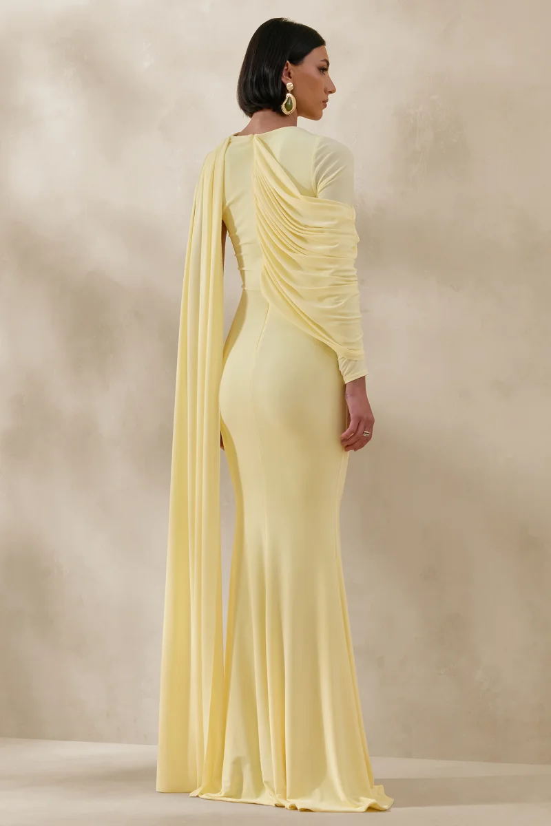 Rubelle | Vestido Largo Color Limón De Jersey Elástico Con Escote Asimétrico Y Detalle De Bufanda - Imagen 3