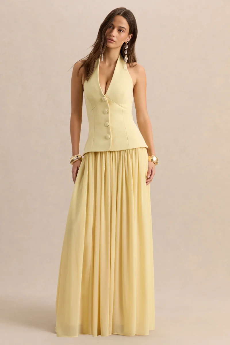 Zarina | Vestido Largo Color Limón Con Escote Pronunciado - Imagen 5
