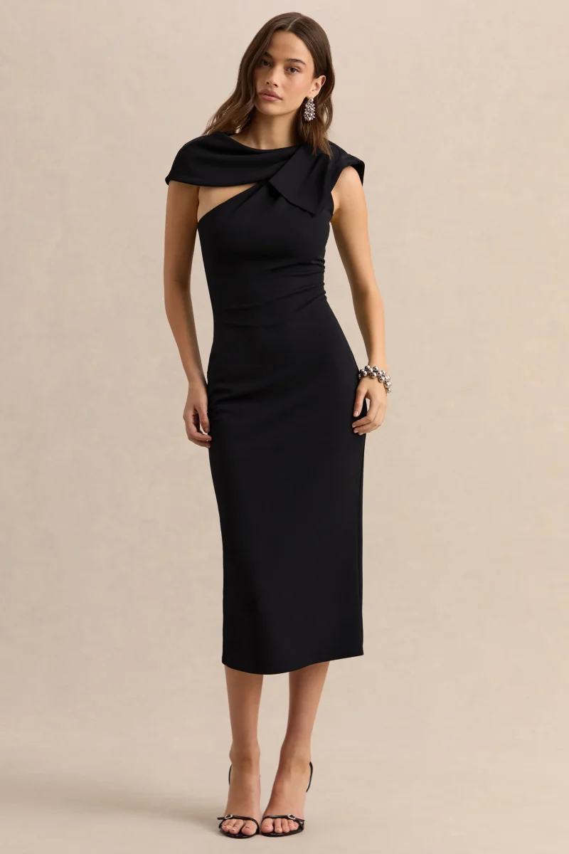 Clarina | Negro Escote Asimétrico Vestido Midi con Detalle de Lazo - Imagen 5