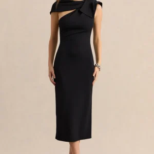 Clarina | Negro Escote Asimétrico Vestido Midi con Detalle de Lazo