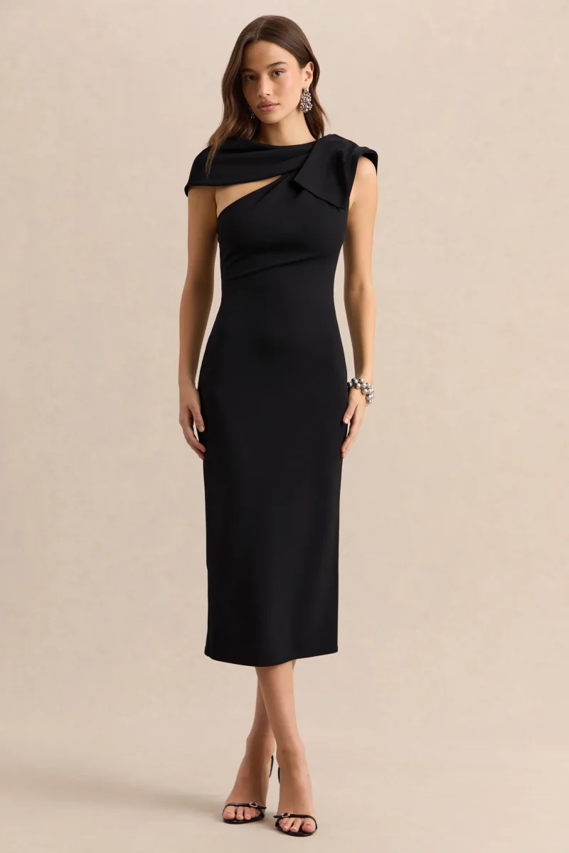Clarina | Negro Escote Asimétrico Vestido Midi con Detalle de Lazo - Imagen 2