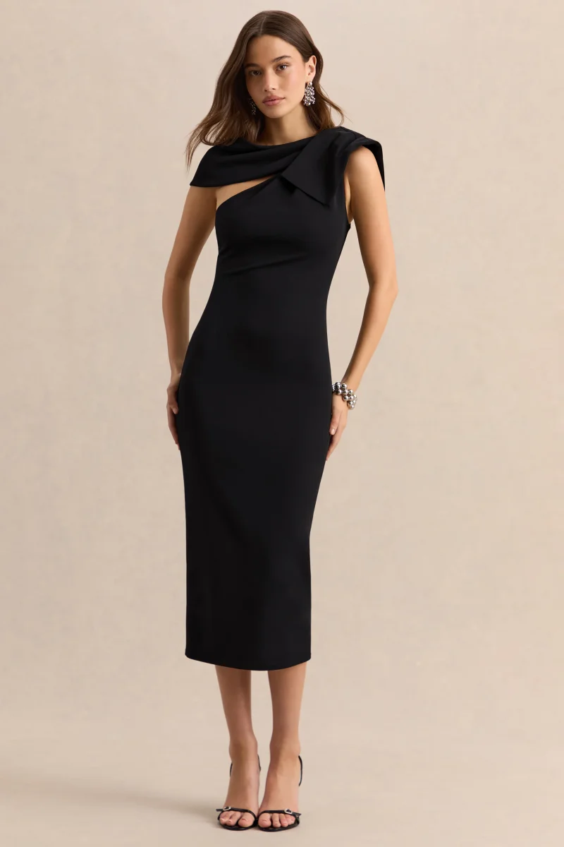 Clarina | Negro Escote Asimétrico Vestido Midi con Detalle de Lazo - Imagen 6